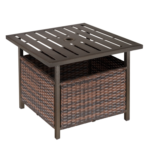 OUTSUNNY  22" Outdoor Rattan Wicker Patio Coffee Table With Umbrella Hole, Patio Side Table With Slatted Metal Top, Suitable for Garden, Backyard
