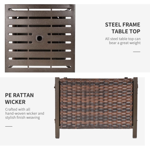 Outsunny 22" Outdoor Rattan Wicker Patio Coffee Table with Umbrella Hole, Patio Side Table with Slatted Metal Top, Suitable for Garden, Backyard,