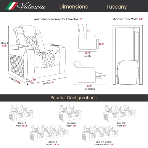 Causeuse 2 sièges de cinéma maison à 2 sièges avec causeuse et dossier inclinable électrique en cuir nappa italien Tuscany de Valencia, soutien