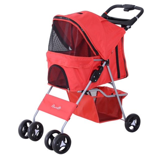 PawHut Pet Stroller Foldable Cup Holder with Storage 4 Wheels Red