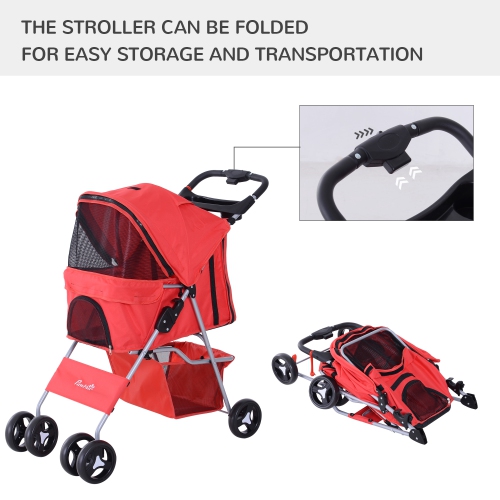 PawHut Pet Stroller Foldable Cup Holder with Storage 4 Wheels Red