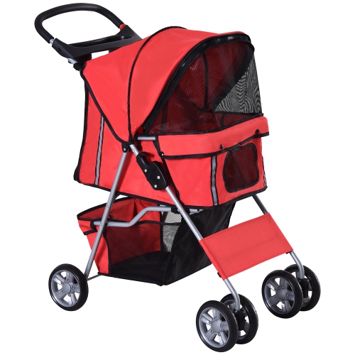 PawHut 4 Wheel Dog Pet Stroller Dog Cat Carrier Folding Sunshade Canopy with Brake Red