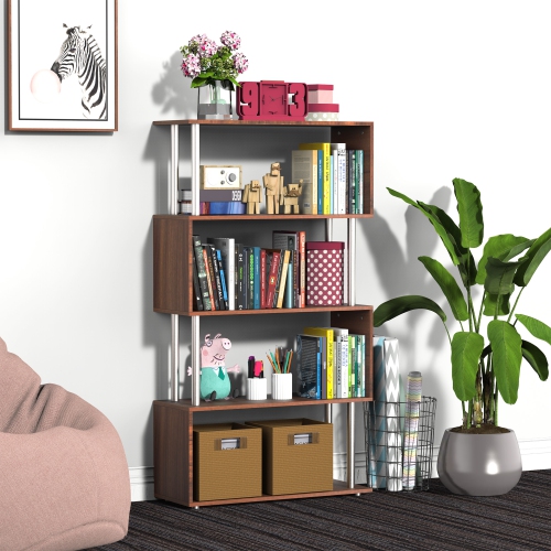 HOMCOM 4-Tires Wooden Bookcase S Shape Storage Bookshelf Display for Living Room, Bedroom, Office with Steel Frame, Walnut