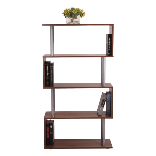 HOMCOM 4-Tires Wooden Bookcase S Shape Storage Bookshelf Display for Living Room, Bedroom, Office with Steel Frame, Walnut