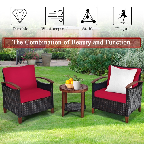 Costway 3PCS Patio Rattan Furniture Set Wooden Frame Cushion Table Shelf