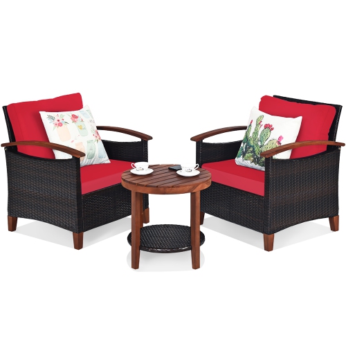 Costway 3PCS Patio Rattan Furniture Set Wooden Frame Cushion Table Shelf