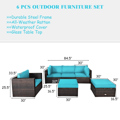Costway 6PCS Patio Rattan Furniture Set Cushion Sofa Coffee Table