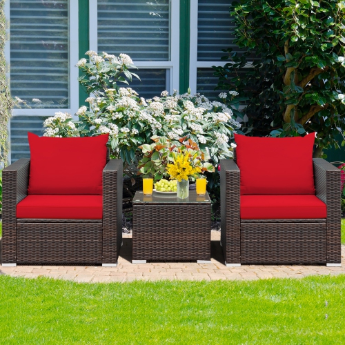 Costway 3PCS Patio Rattan Furniture Set Conversation Sofa Cushioned Rouge