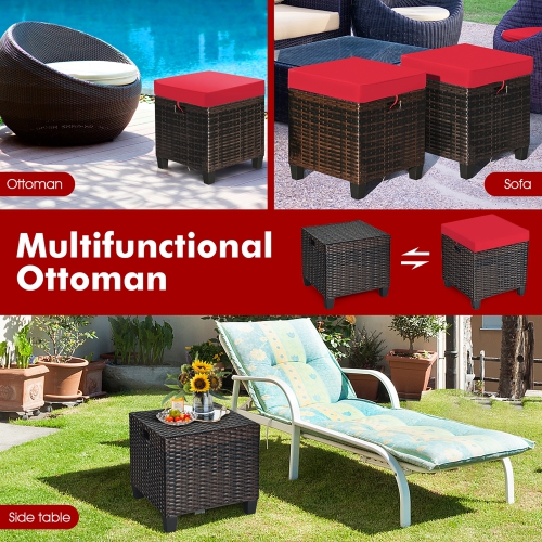 Costway 2PCS Patio Rattan Ottoman Cushioned Seat Foot Rest Coffee Table Red