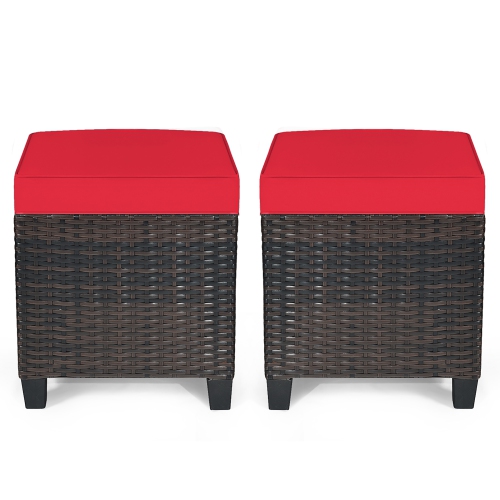 Costway 2PCS Patio Rattan Ottoman Cushioned Seat Foot Rest Coffee Table Red
