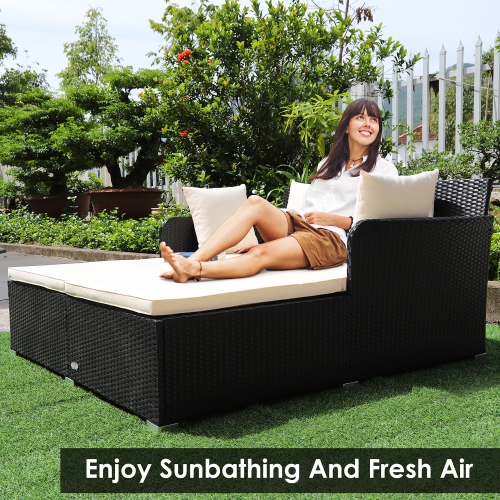 Costway Outdoor Patio Rattan Daybed Pillows Cushioned Sofa Furniture