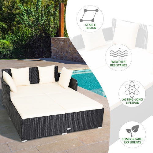 Costway Outdoor Patio Rattan Daybed Pillows Cushioned Sofa Furniture