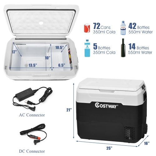 Costway 53 QT Portable Car Refrigerator -4°F to 50°F Dual-Zone Car Cooler