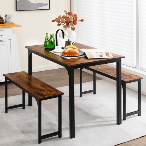 Costway 3pcs Dining Table Set Modern Studio Collection Table and 2 Bench Coffee