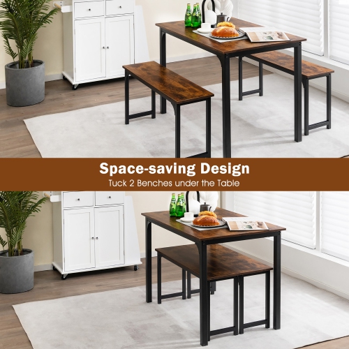 Costway 3pcs Dining Table Set Modern Studio Collection Table and 2 Bench Coffee