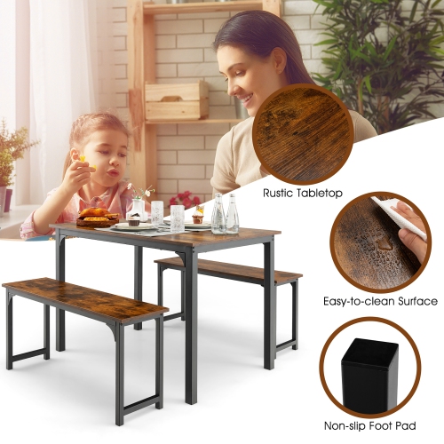 Costway 3pcs Dining Table Set Modern Studio Collection Table and 2 Bench Coffee