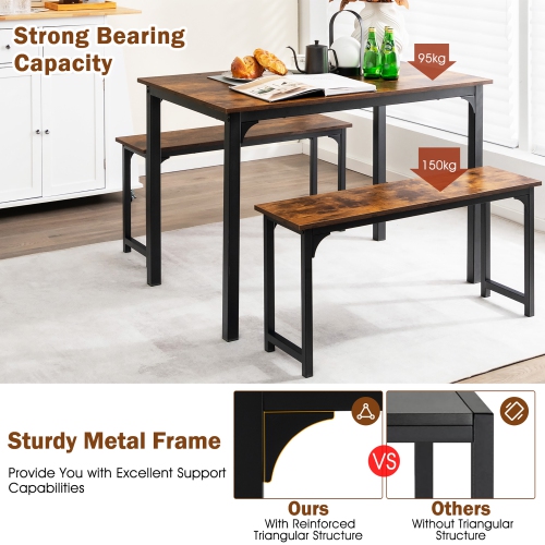 Costway 3pcs Dining Table Set Modern Studio Collection Table and 2 Bench Coffee