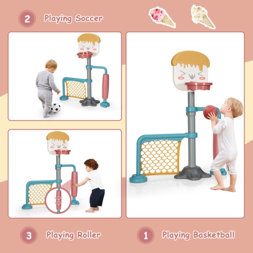 Gymax 3-in-1 Basketball Stand Set w/ Soccer & Roller Adjustable Height