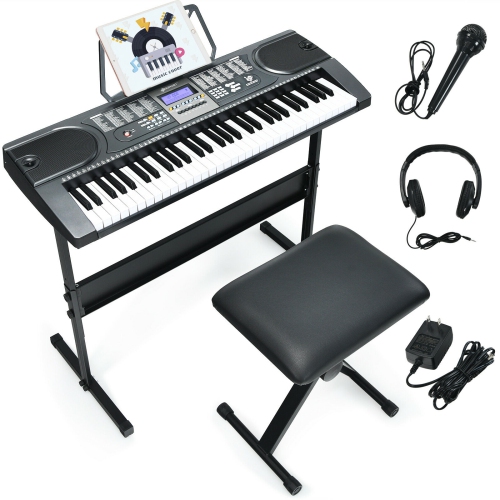 Power Supply Adjustable Stool Black Light Up Keys for Beginner Music Stand Micphone LAGRIMA 61 Key Electric Keyboard Piano with Stand Lighted Portable Keyboard w/Music Player Function 
