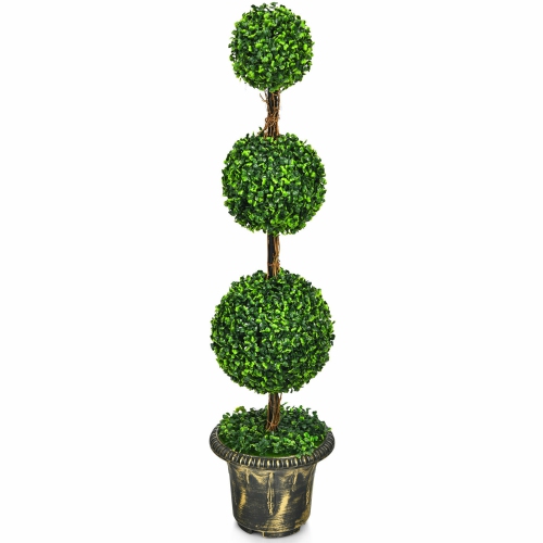 GYMAX  4 Ft Artificial Triple Ball Topiary Tree Greenery Plant Home Office Decor