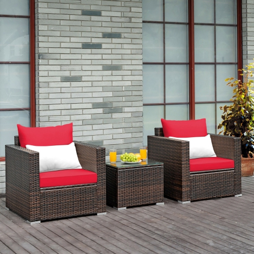 GYMAX  3PCs Rattan Patio Outdoor Conversation Furniture Set W/ Cushions In Red