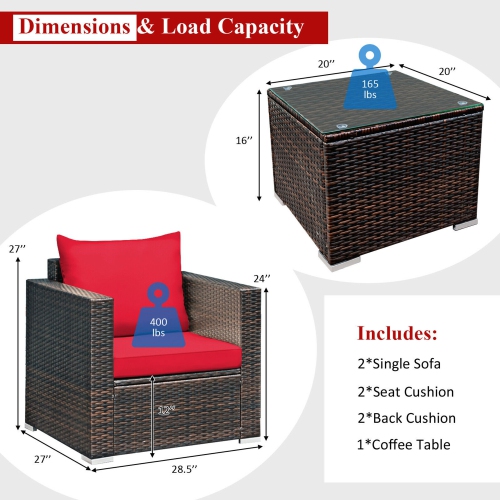 Gymax 3PCS Rattan Patio Outdoor Conversation Furniture Set w/ Red Cushions