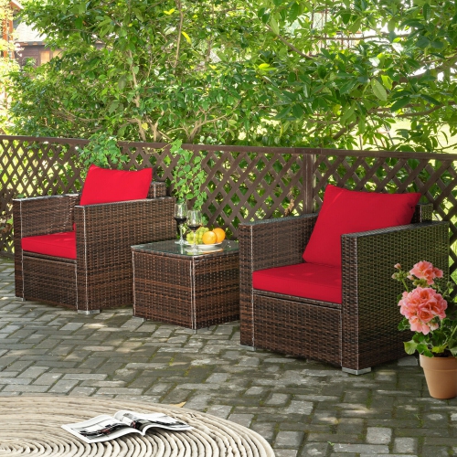 Gymax 3PCS Rattan Patio Outdoor Conversation Furniture Set w/ Red Cushions