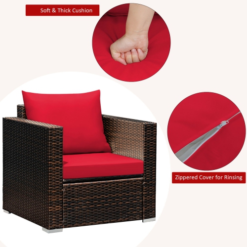 Gymax 3PCS Rattan Patio Outdoor Conversation Furniture Set w/ Red Cushions