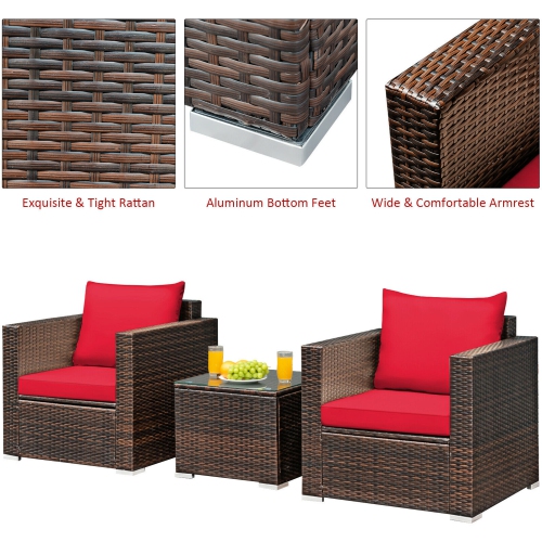 Gymax 3PCS Rattan Patio Outdoor Conversation Furniture Set w/ Red Cushions