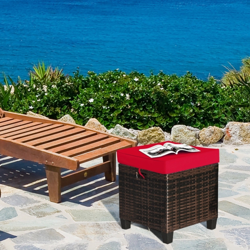 Gymax Set of 2 Patio Rattan Ottoman Footrest Garden Outdoor w/ Red Cushion