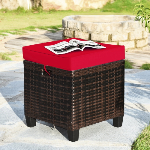 Gymax Set of 2 Patio Rattan Ottoman Footrest Garden Outdoor w/ Red Cushion