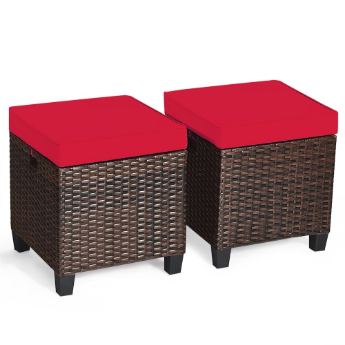 Gymax Set of 2 Patio Rattan Ottoman Footrest Garden Outdoor w/ Red Cushion