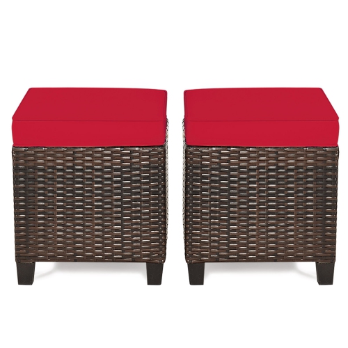 Gymax Set of 2 Patio Rattan Ottoman Footrest Garden Outdoor w/ Red Cushion