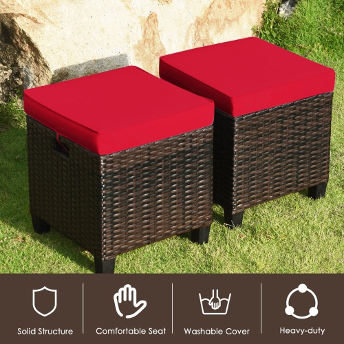 Gymax Set of 2 Patio Rattan Ottoman Footrest Garden Outdoor w/ Red Cushion