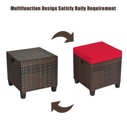 Gymax Set of 2 Patio Rattan Ottoman Footrest Garden Outdoor w/ Red Cushion