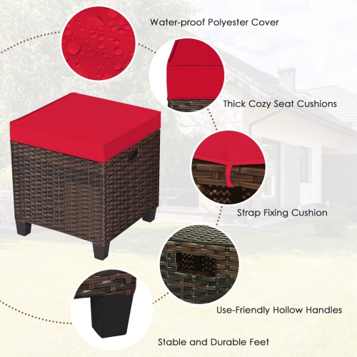 Gymax Set of 2 Patio Rattan Ottoman Footrest Garden Outdoor w/ Red Cushion