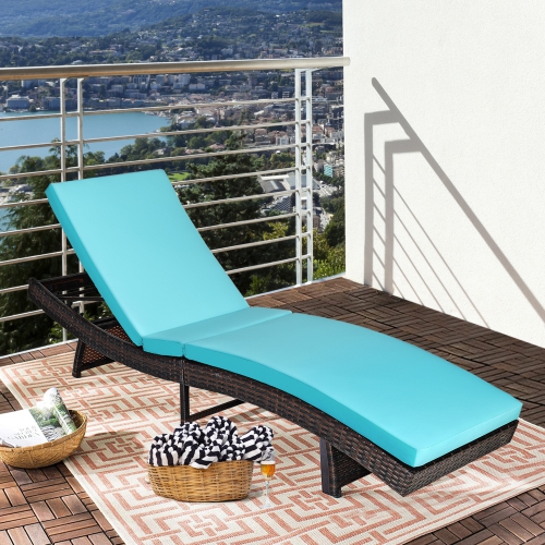 Gymax Foldable Patio Rattan Chaise Lounge Chair w/5 Back Positions Turquoise Cushion