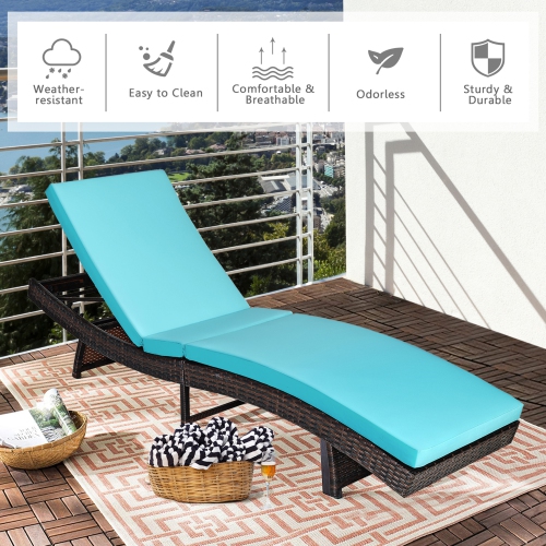 Gymax Foldable Patio Rattan Chaise Lounge Chair w/5 Back Positions Turquoise Cushion