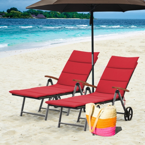 GYMAX  2PCs Folding Patio Rattan Lounge Chair Cushioned Aluminum Adjust Wheel In Red