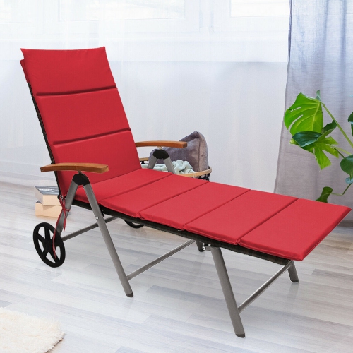 Gymax Folding Patio Rattan Lounge Chair Cushioned Aluminum Adjust Wheel Red