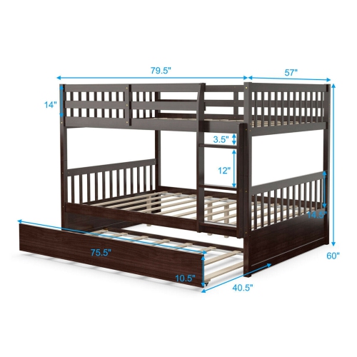 Gymax Full over Full Bunk Bed Platform Wood Bed w/ Trundle & Ladder Rail