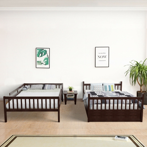 Gymax Full over Full Bunk Bed Platform Wood Bed w/ Trundle & Ladder Rail