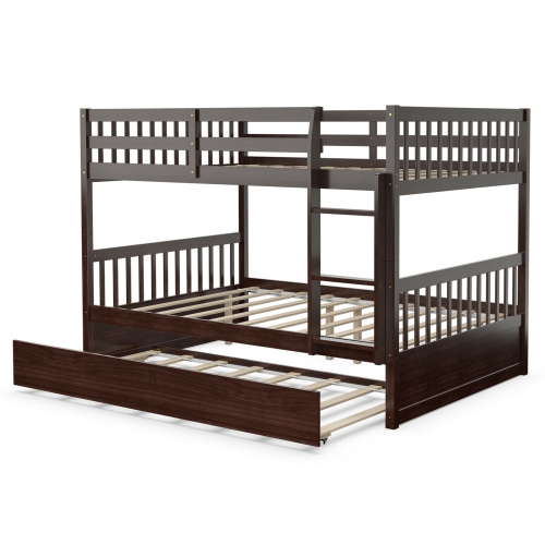 Gymax Full over Full Bunk Bed Platform Wood Bed w/ Trundle & Ladder Rail