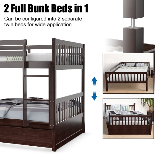 Gymax Full over Full Bunk Bed Platform Wood Bed w/ Trundle & Ladder Rail