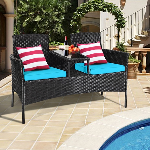 Image 1 de 10.. Gymax Rattan Wicker Patio Conversation Set w/ Table Turquoise Cushion