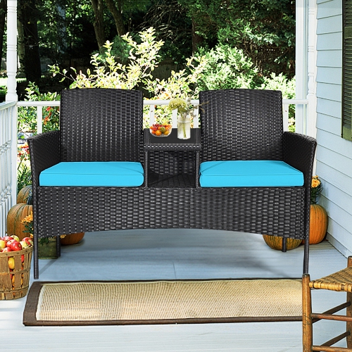 Gymax Rattan Wicker Patio Conversation Set w/ Table Turquoise Cushion