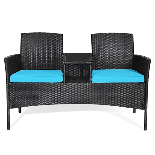 Gymax Rattan Wicker Patio Conversation Set w/ Table Turquoise Cushion
