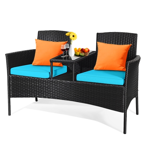 Gymax Rattan Wicker Patio Conversation Set w/ Table Turquoise Cushion