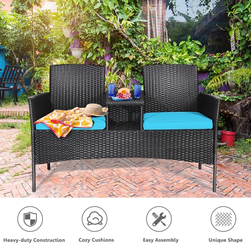 Gymax Rattan Wicker Patio Conversation Set w/ Table Turquoise Cushion