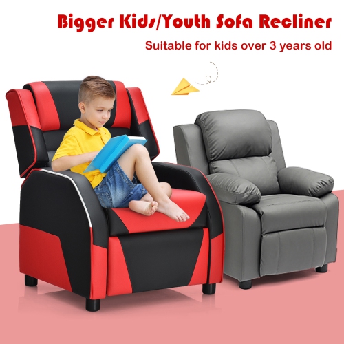 Gymax Gaming Recliner Sofa PU Leather Armchair for Kids Youth w/ Footrest Blue/Red/White/Yellow